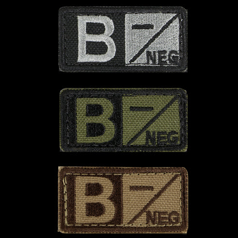 Condor Blood Type Patch set features three rectangular patches showing B/NEG in black, green, and brown—perfect for law enforcement or first responder gear.